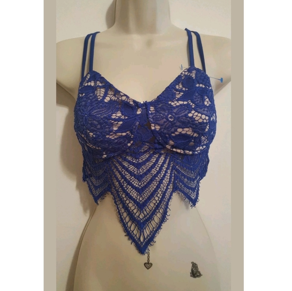 Tea N Cup Crop Top Bralette Strappy Blue Lace